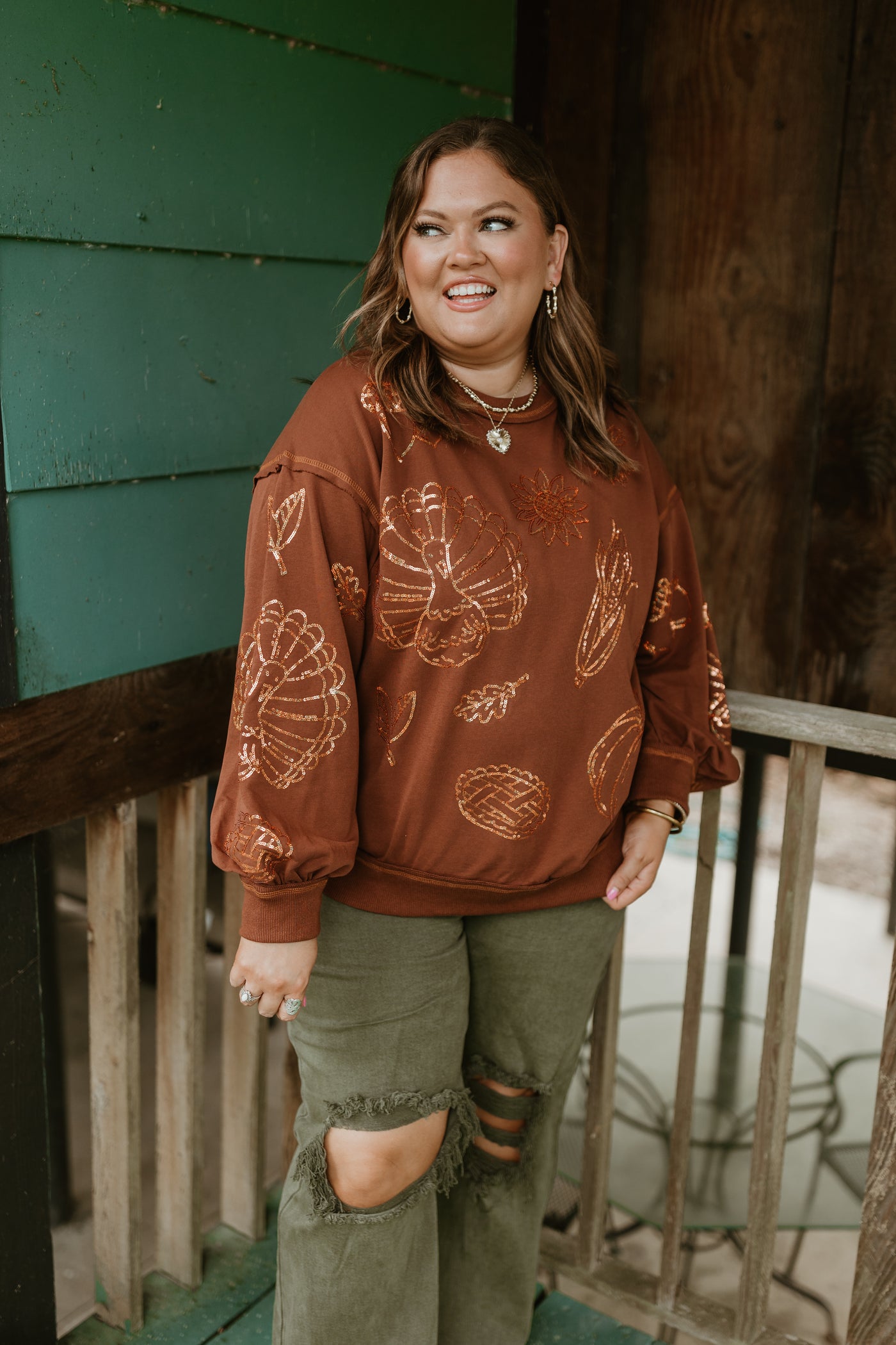 Brown Crew Neck Oversized Thanksgiving Sweatshirt