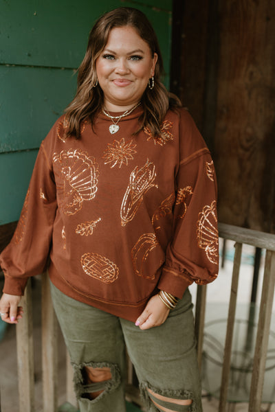 Brown Crew Neck Oversized Thanksgiving Sweatshirt