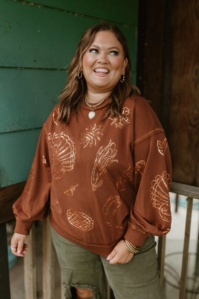 Brown Crew Neck Oversized Thanksgiving Sweatshirt