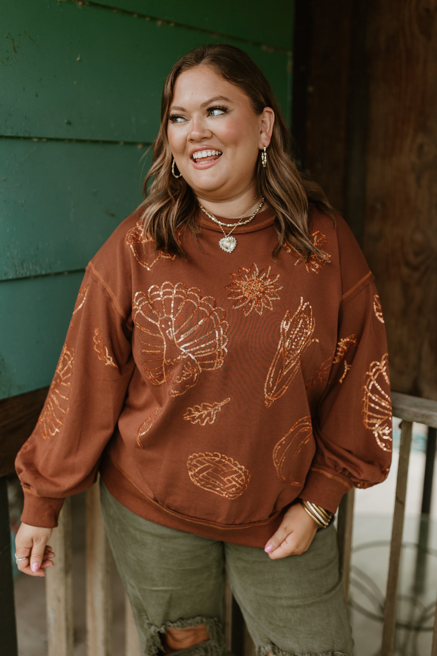 Brown Crew Neck Oversized Thanksgiving Sweatshirt