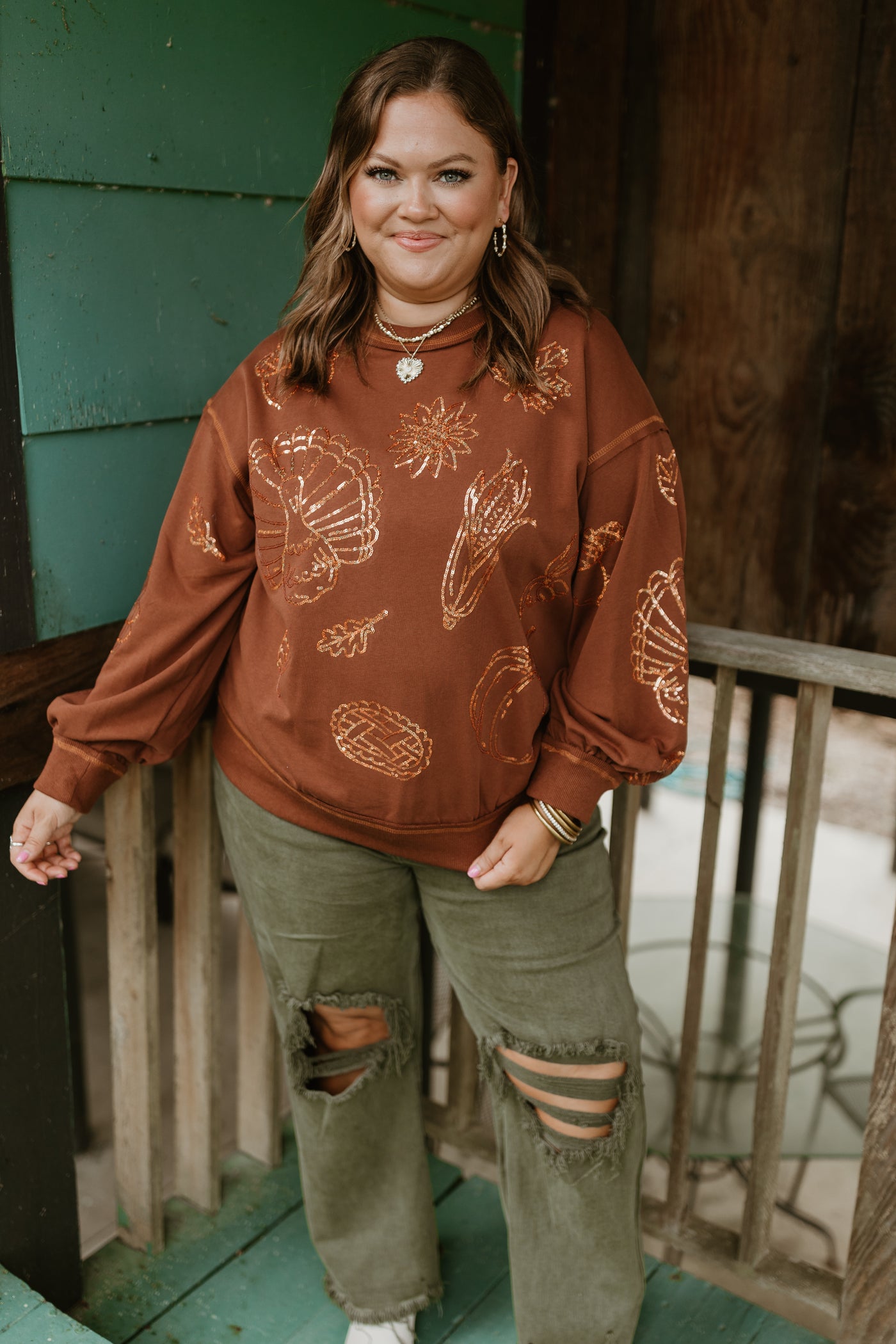 Brown Crew Neck Oversized Thanksgiving Sweatshirt