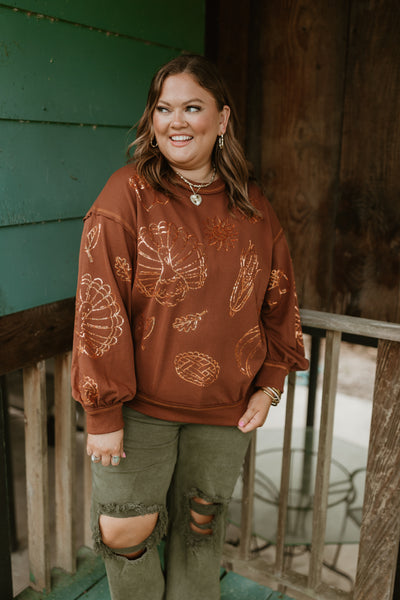 Brown Crew Neck Oversized Thanksgiving Sweatshirt