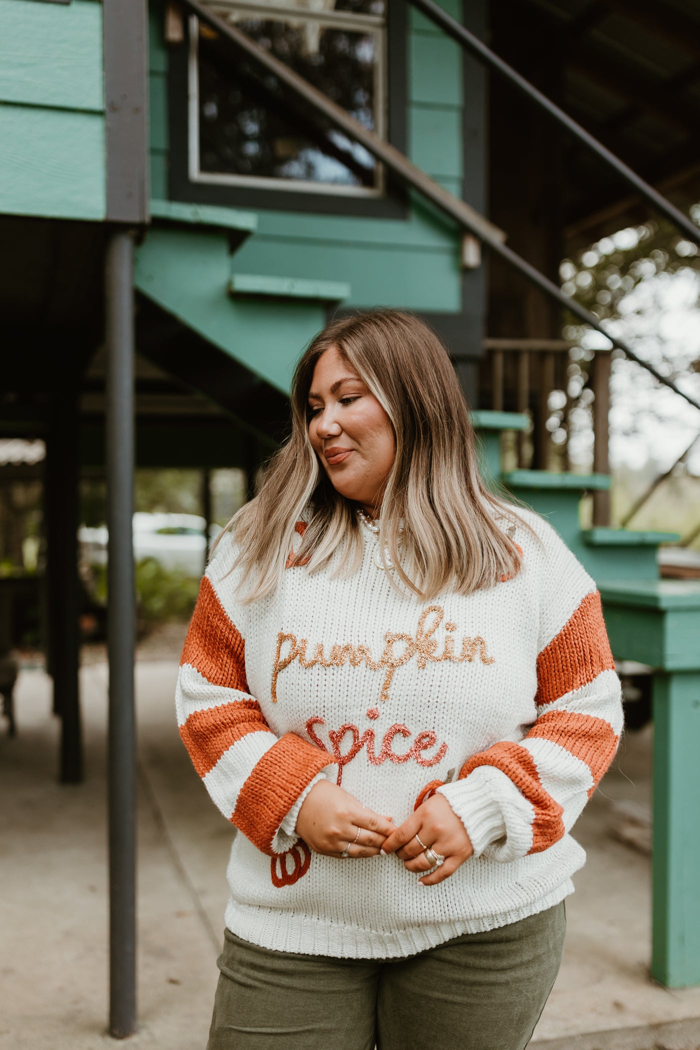 Ivory and Rust Pumpkin Spice Striped Sleeve Sweater