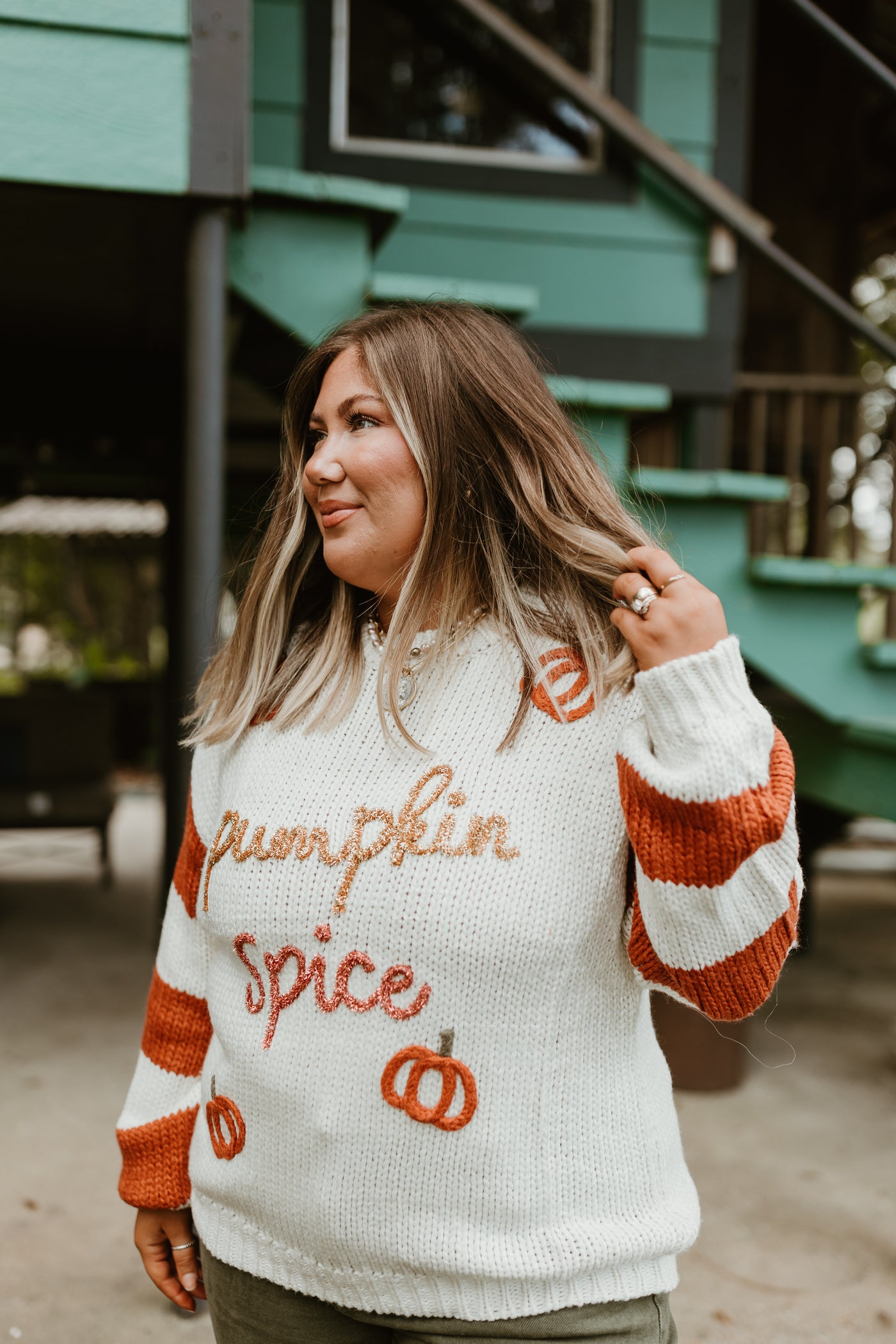 Ivory and Rust Pumpkin Spice Striped Sleeve Sweater