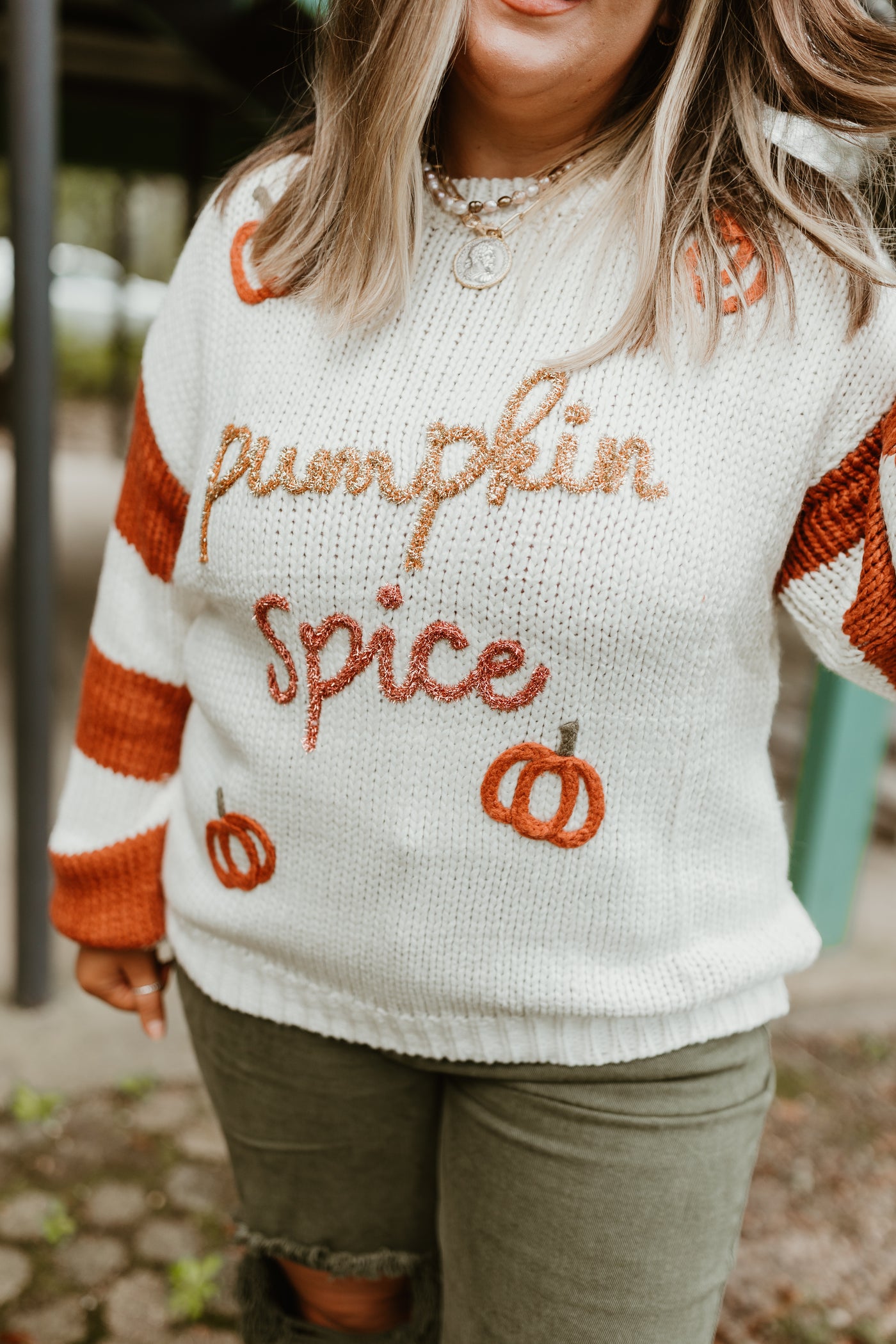 Ivory and Rust Pumpkin Spice Striped Sleeve Sweater