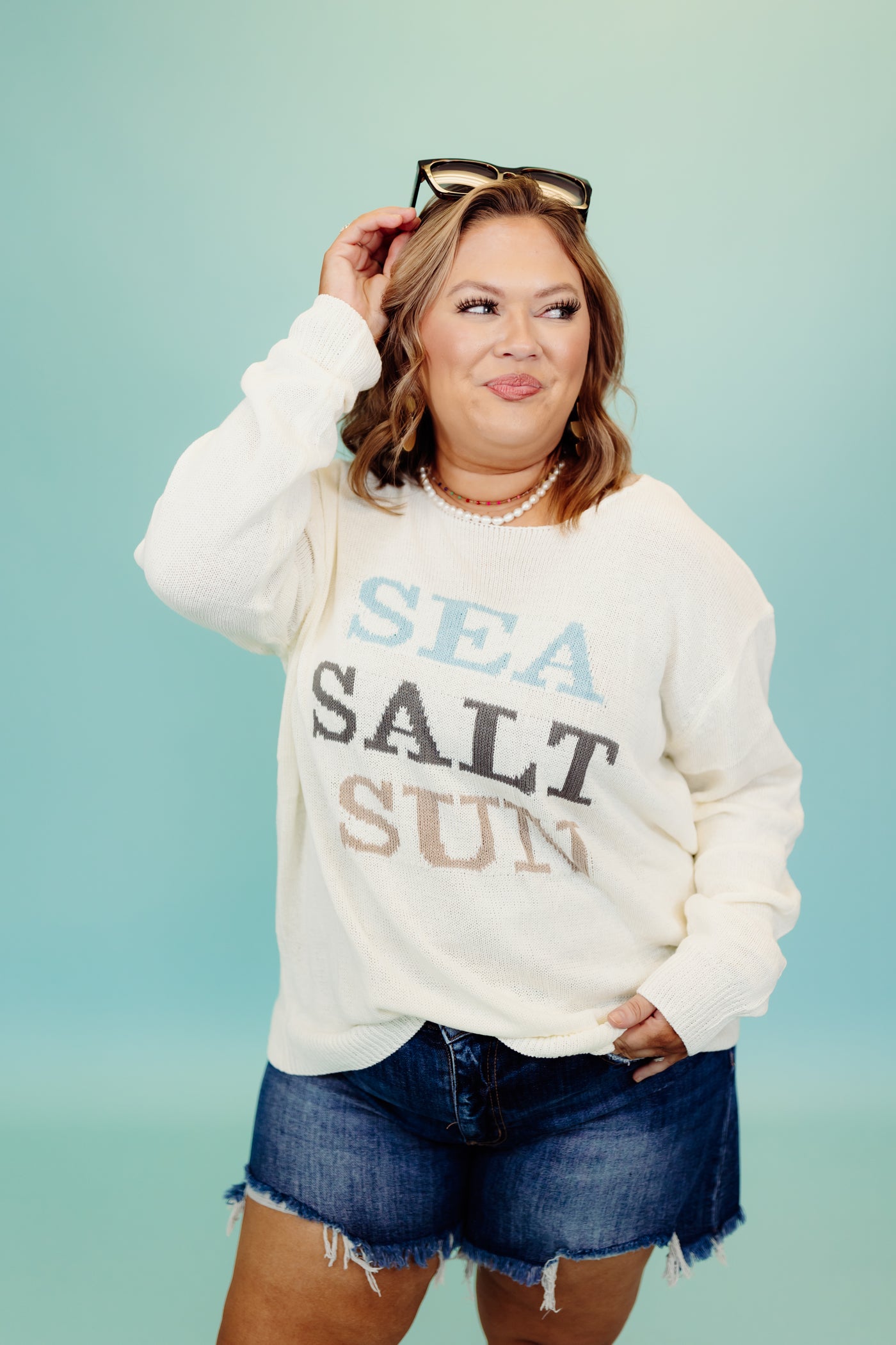 White Sea Salt Sun Round Neck Sweater