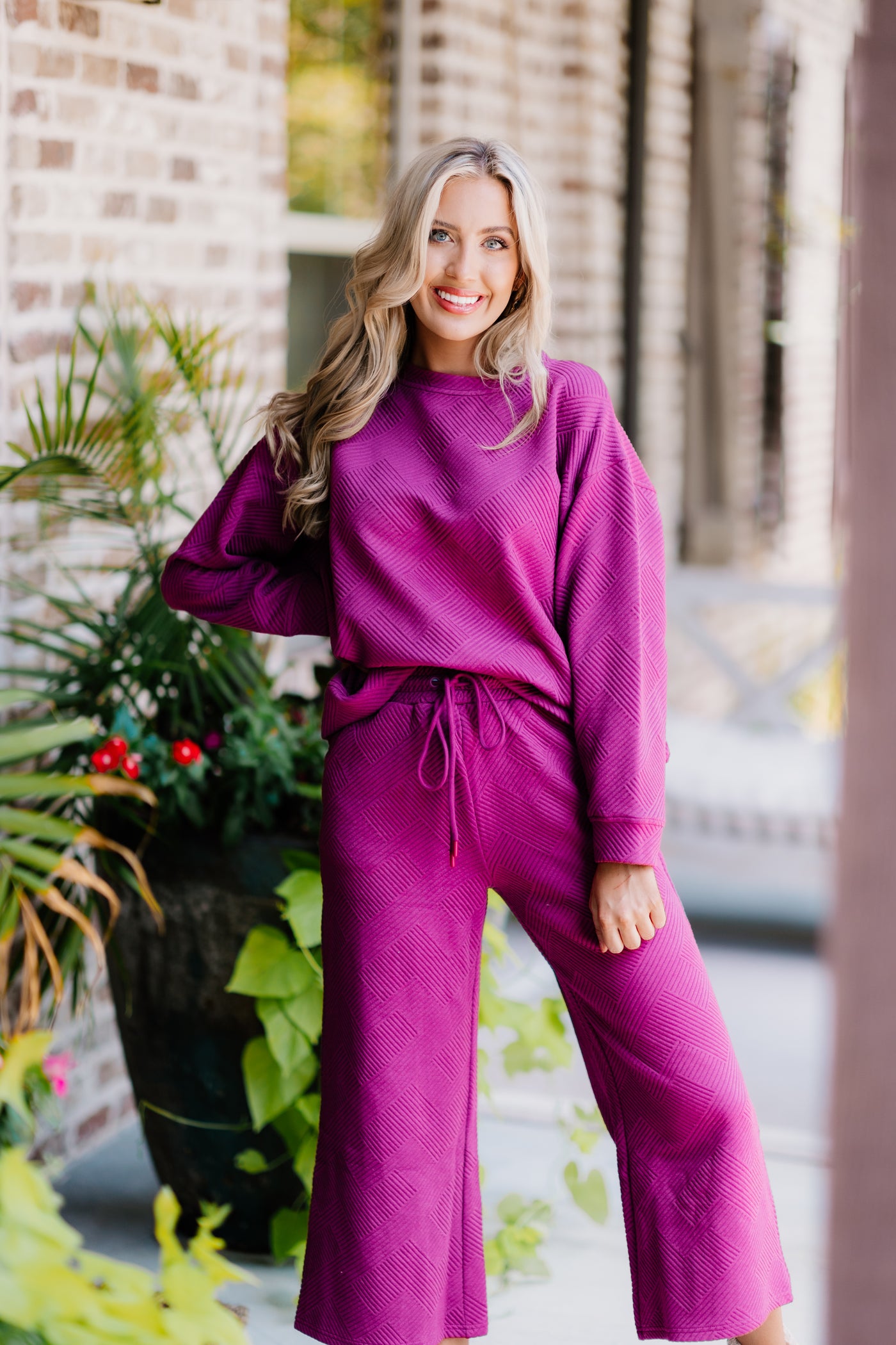 Magenta Textured Pullover and Pant Set