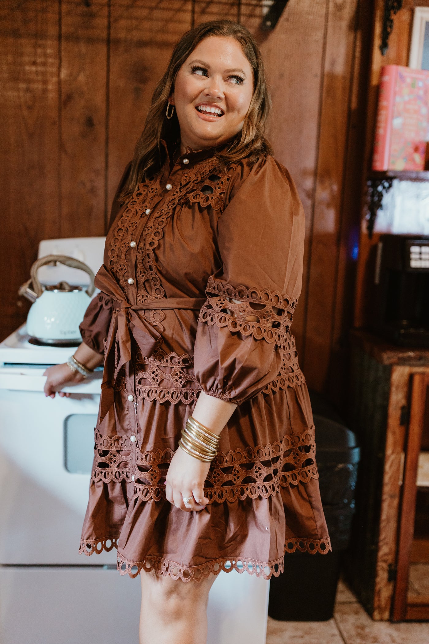 Brown Lace Detail Pearl Button Down Dress