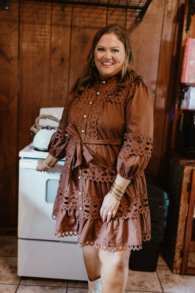 Brown Lace Detail Pearl Button Down Dress