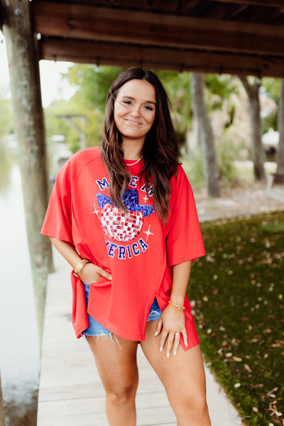 Red Oversized Made in America Disco Cowboy Tee
