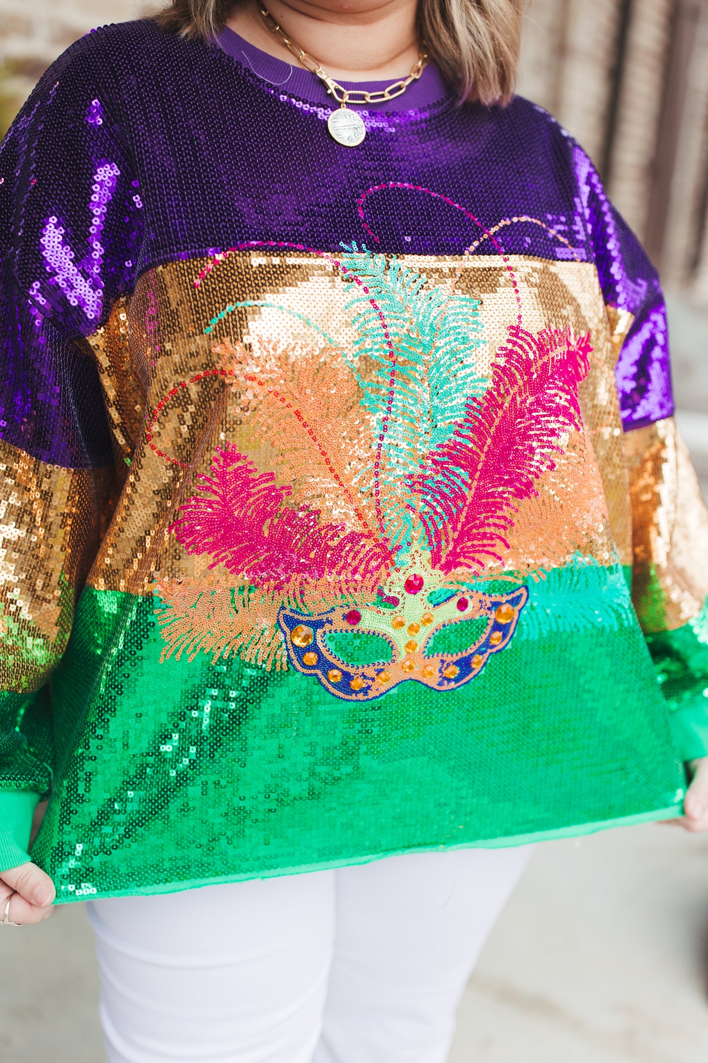 Queen Of Sparkles Mardi Gras Stripe Sequin Mask Sweatshirt