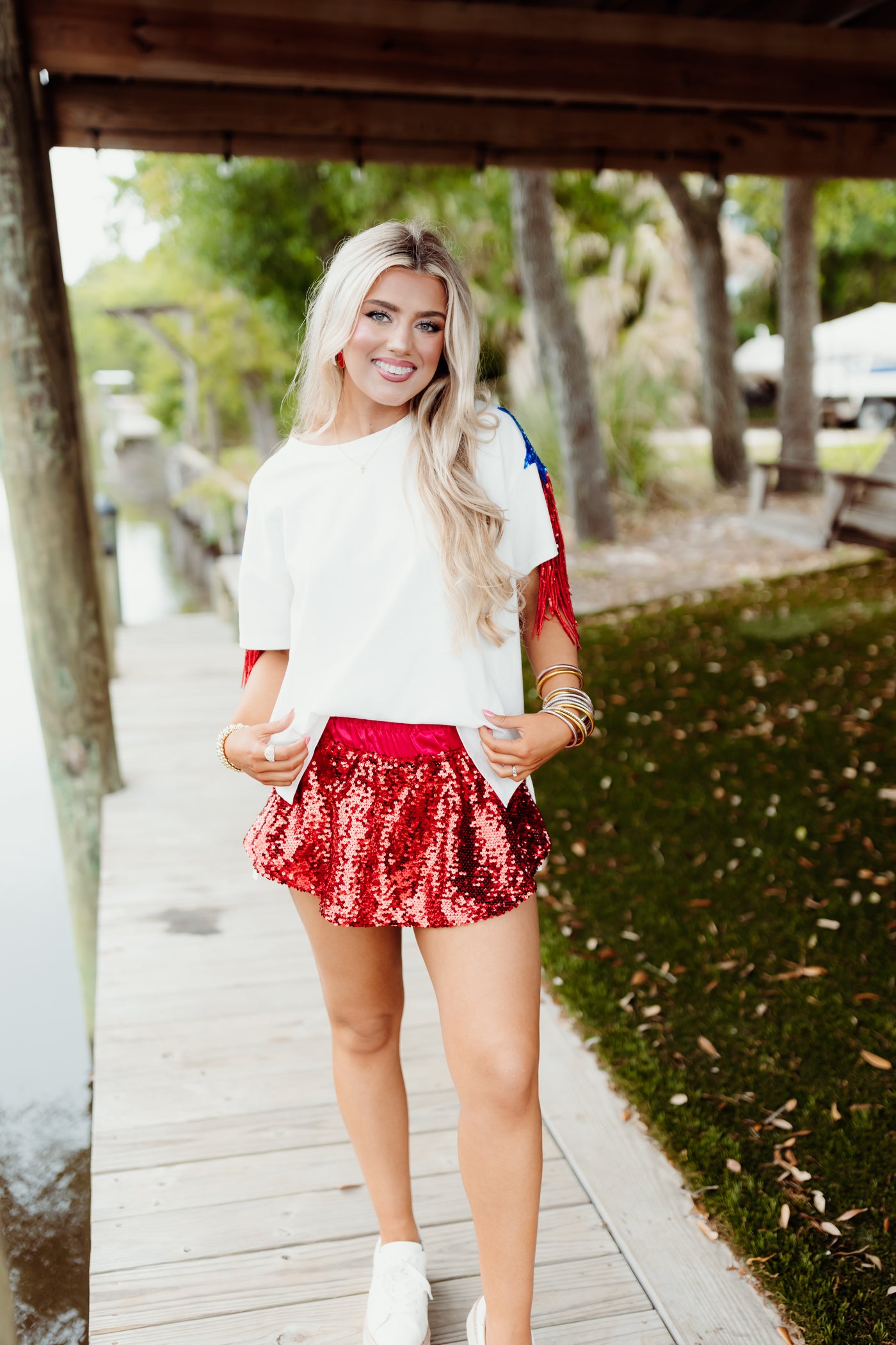 Red White and Blue Sequin Star Fringe Oversized Tee