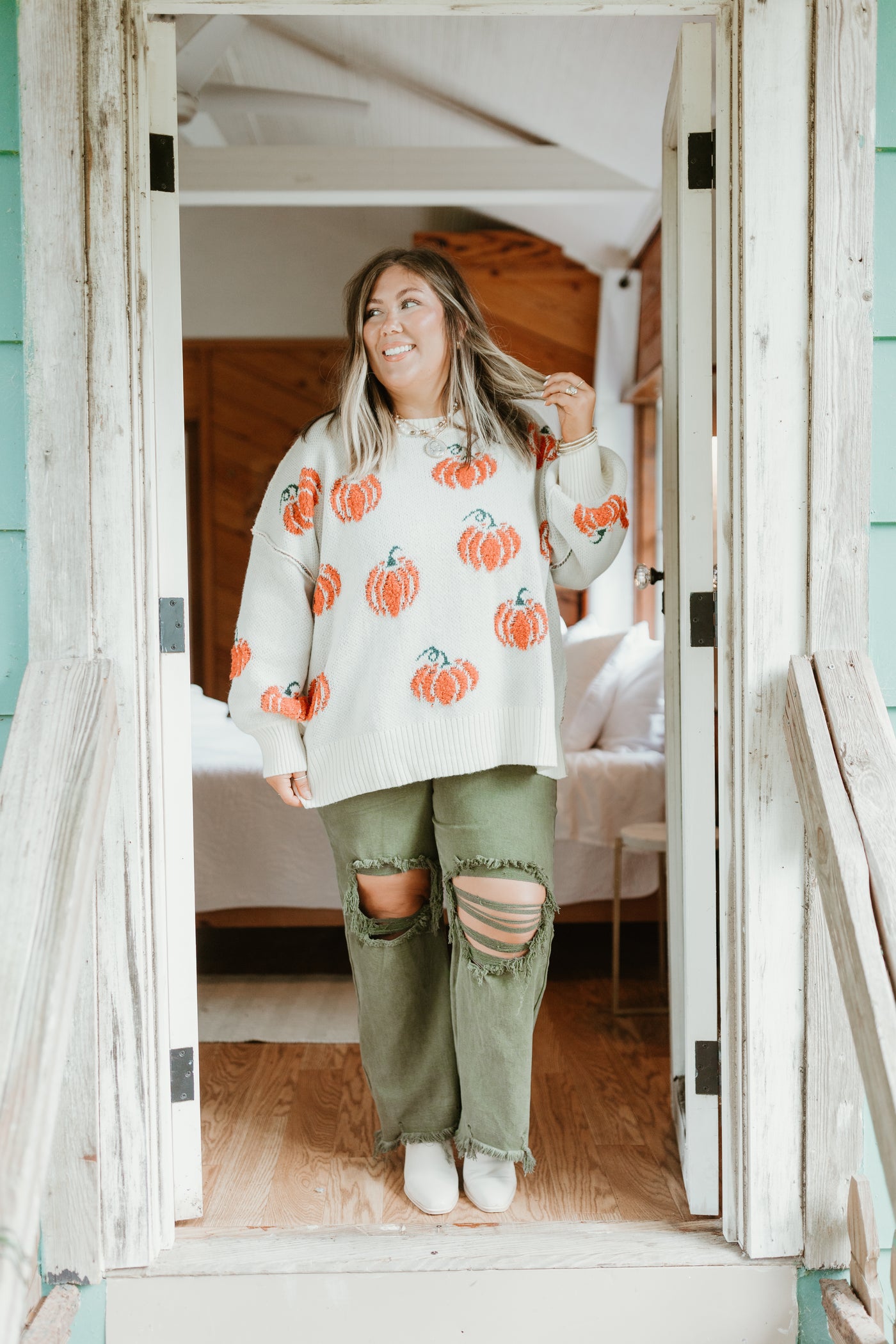 Cream and Orange Pumpkins All Over Sweater