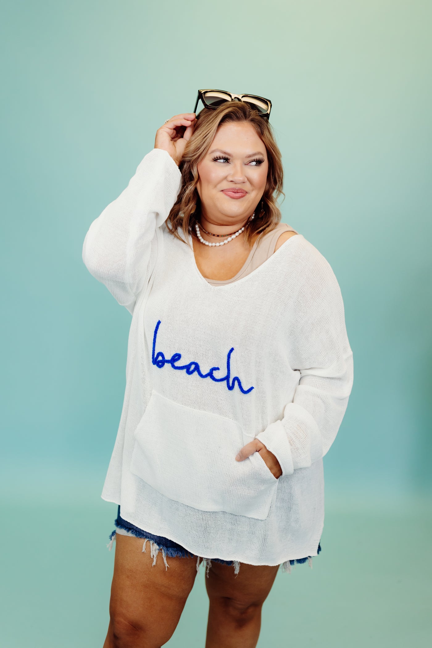 White Knit Beach Script Oversized Pullover