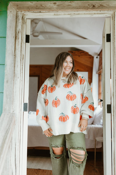 Cream and Orange Pumpkins All Over Sweater