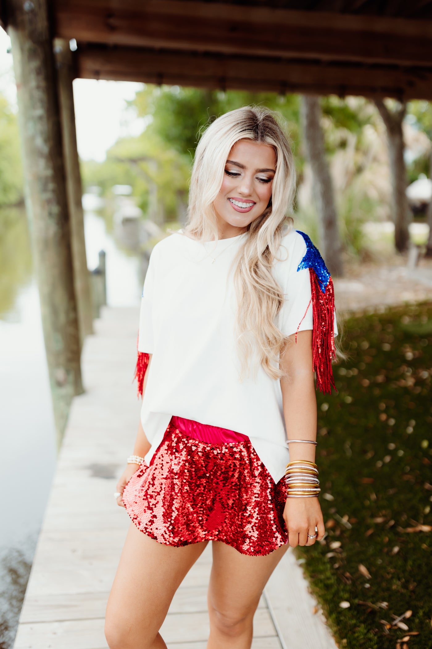 Red White and Blue Sequin Star Fringe Oversized Tee