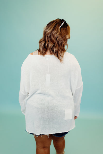 White Knit Beach Script Oversized Pullover