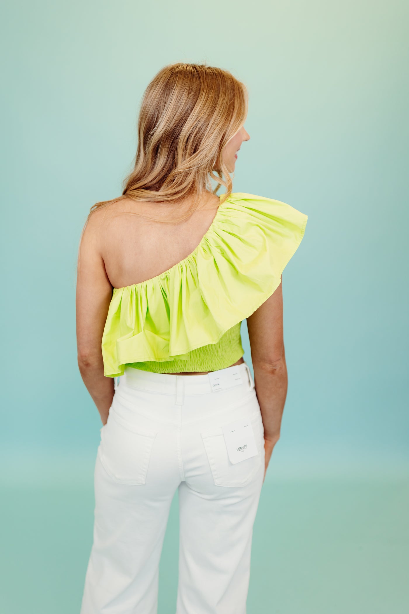 Lime Ruffle Detail One Shoulder Crop Top