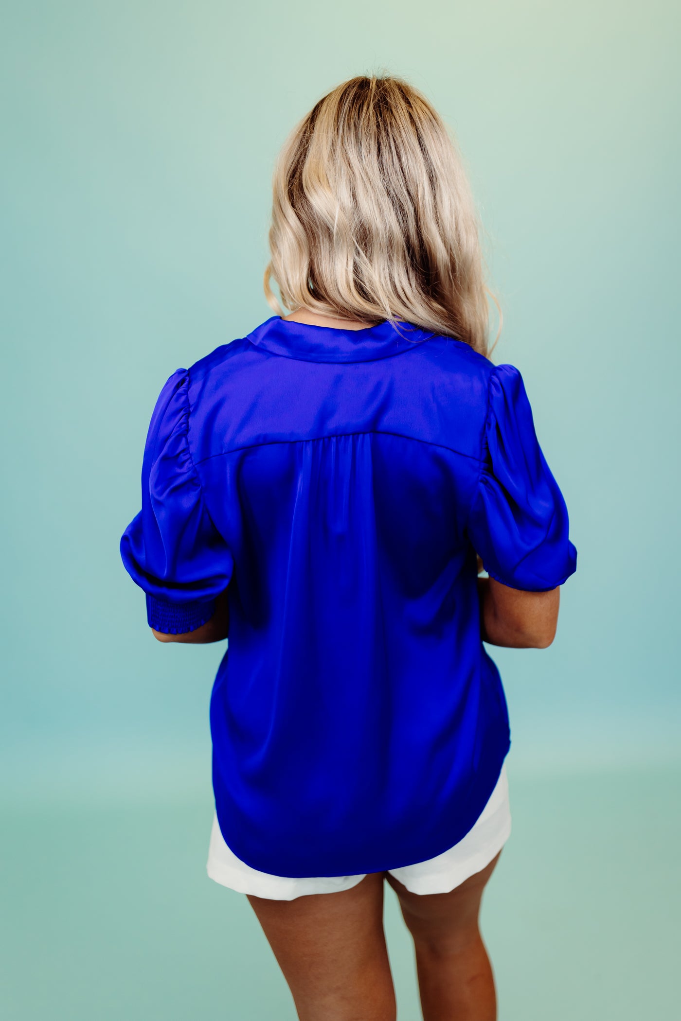 Neon Blue Shirred Sleeve Button Down Blouse