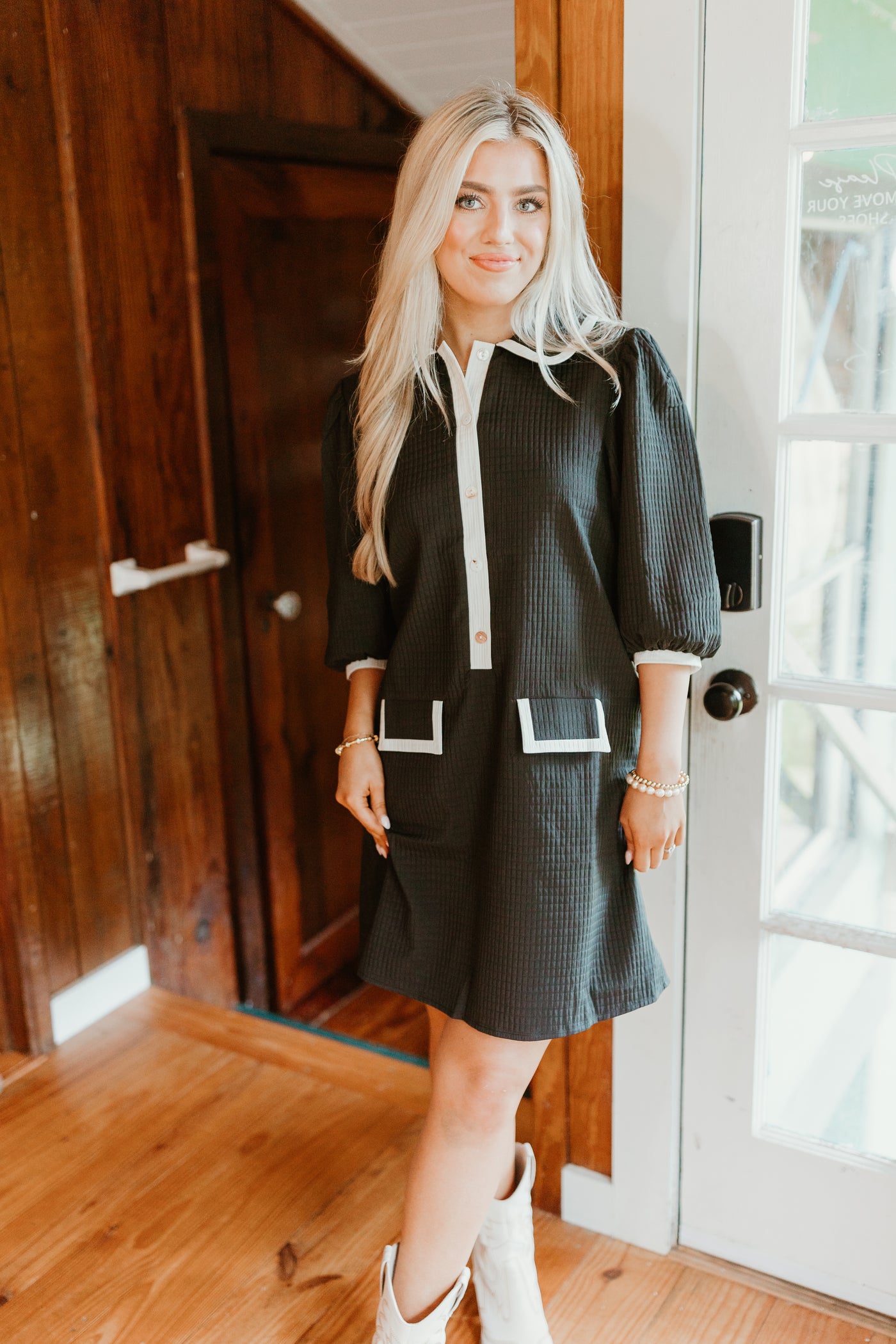 Black Cream Lined Textured Collared Pocket Dress