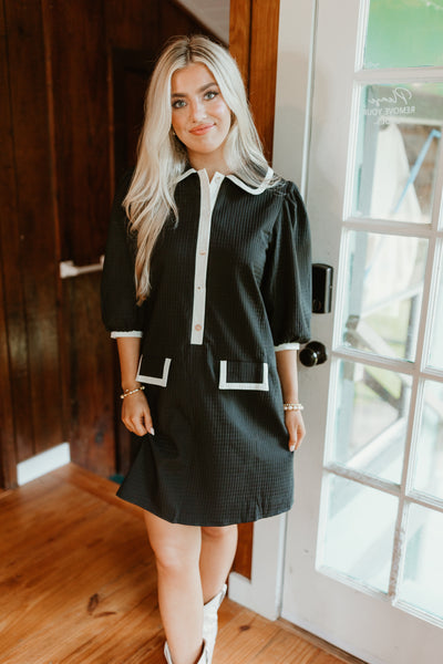 Black Cream Lined Textured Collared Pocket Dress