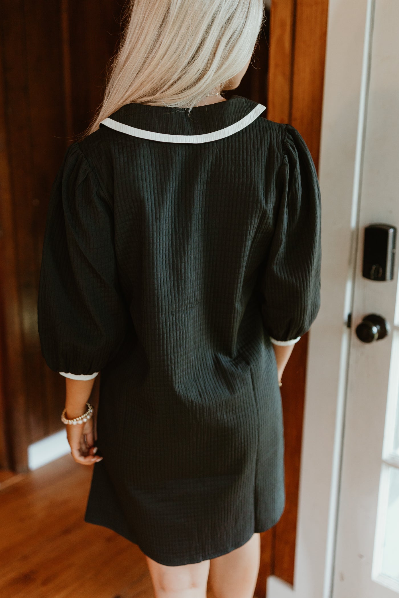 Black Cream Lined Textured Collared Pocket Dress