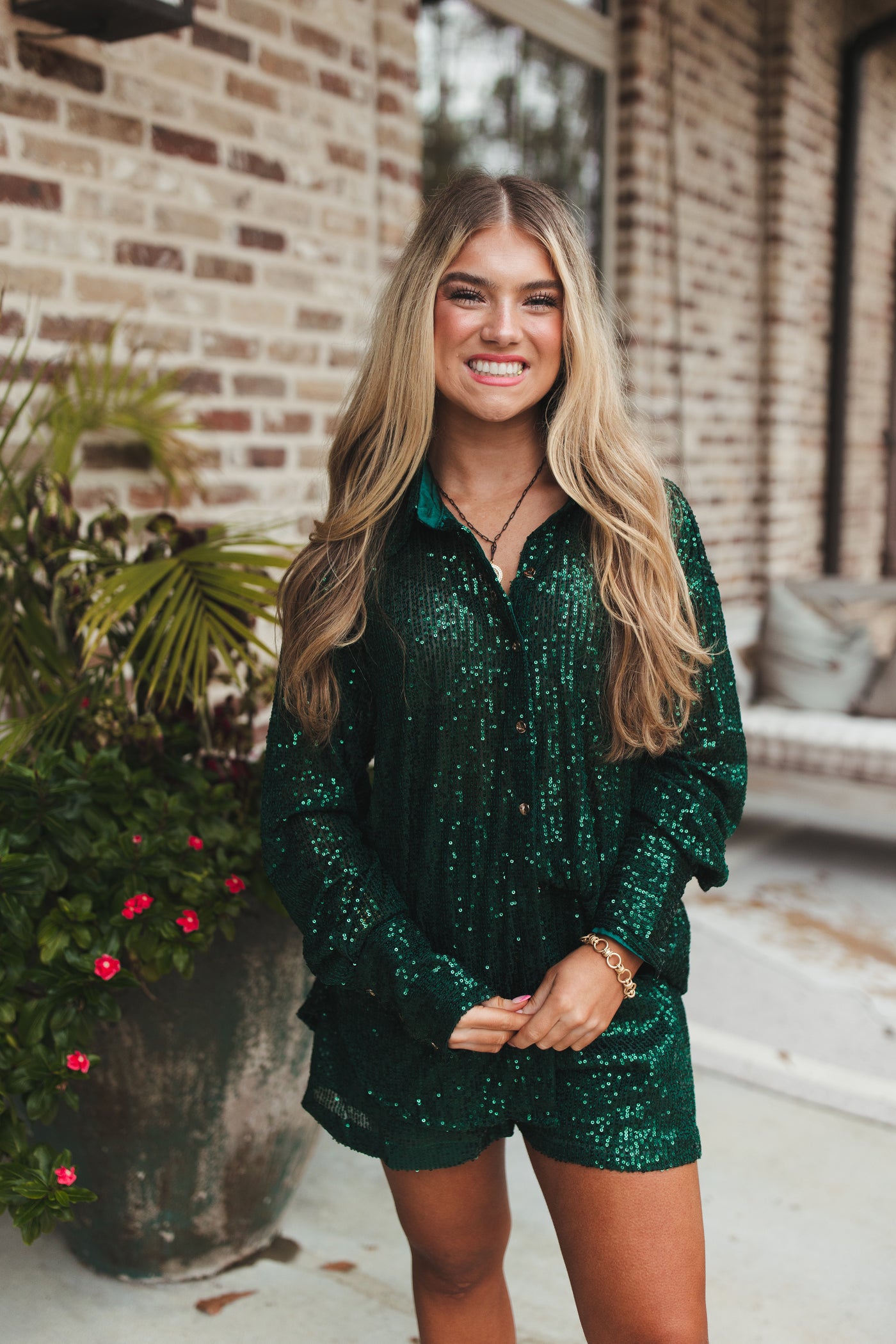 Hunter Green Sequin Button Down and Short Set