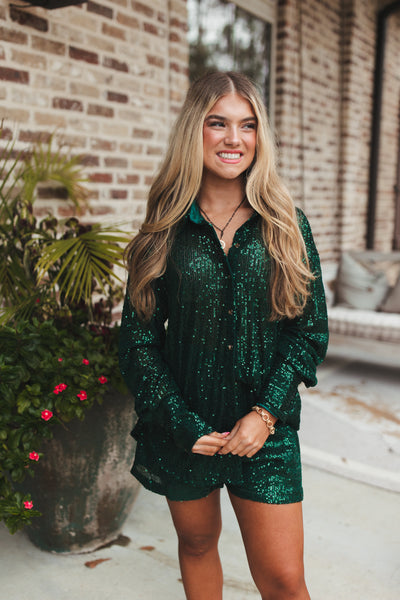 Hunter Green Sequin Button Down and Short Set