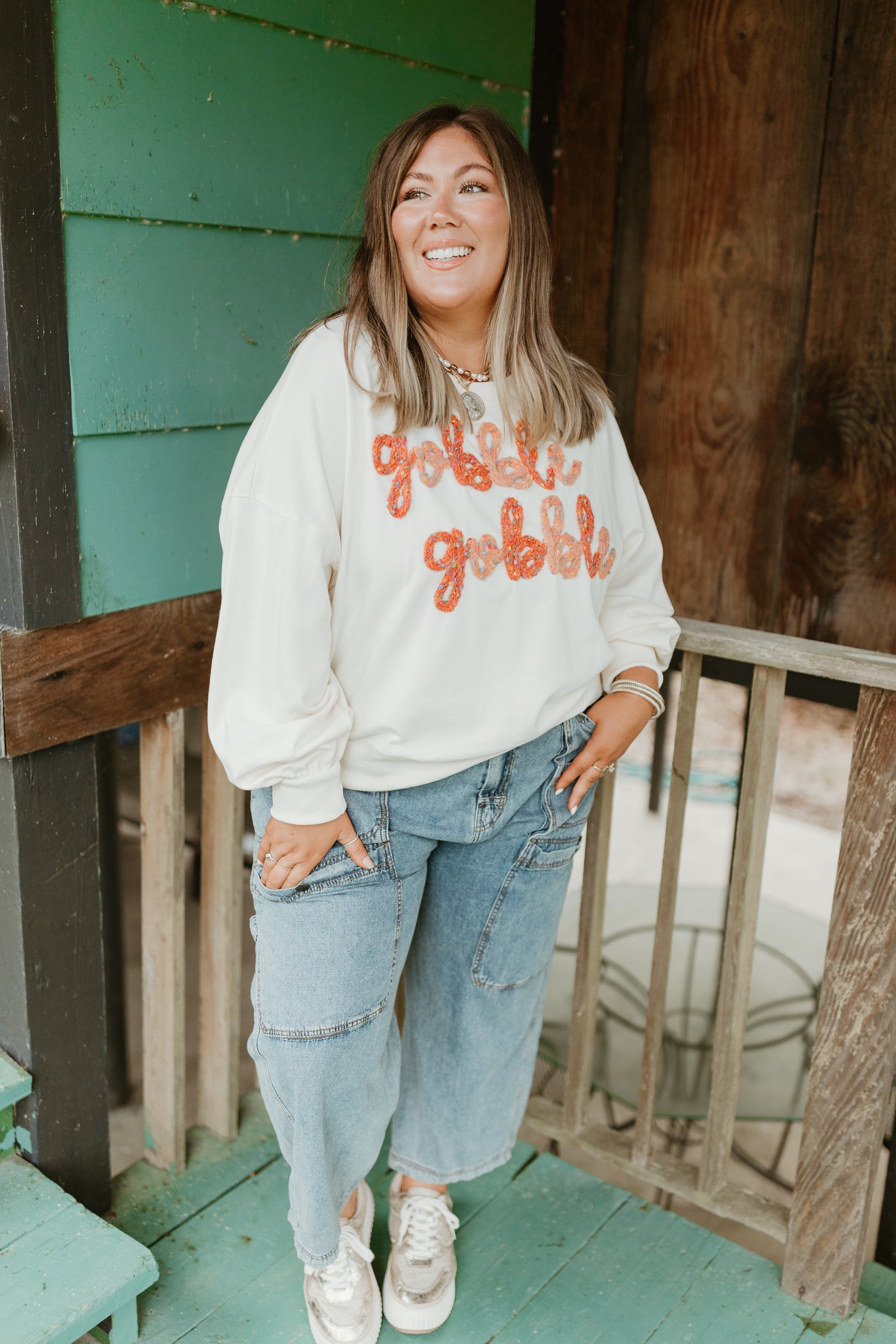 Cream Gobble Gobble Embroidered Sweatshirt