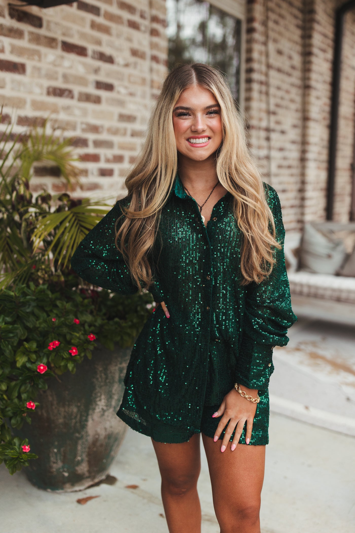 Hunter Green Sequin Button Down and Short Set