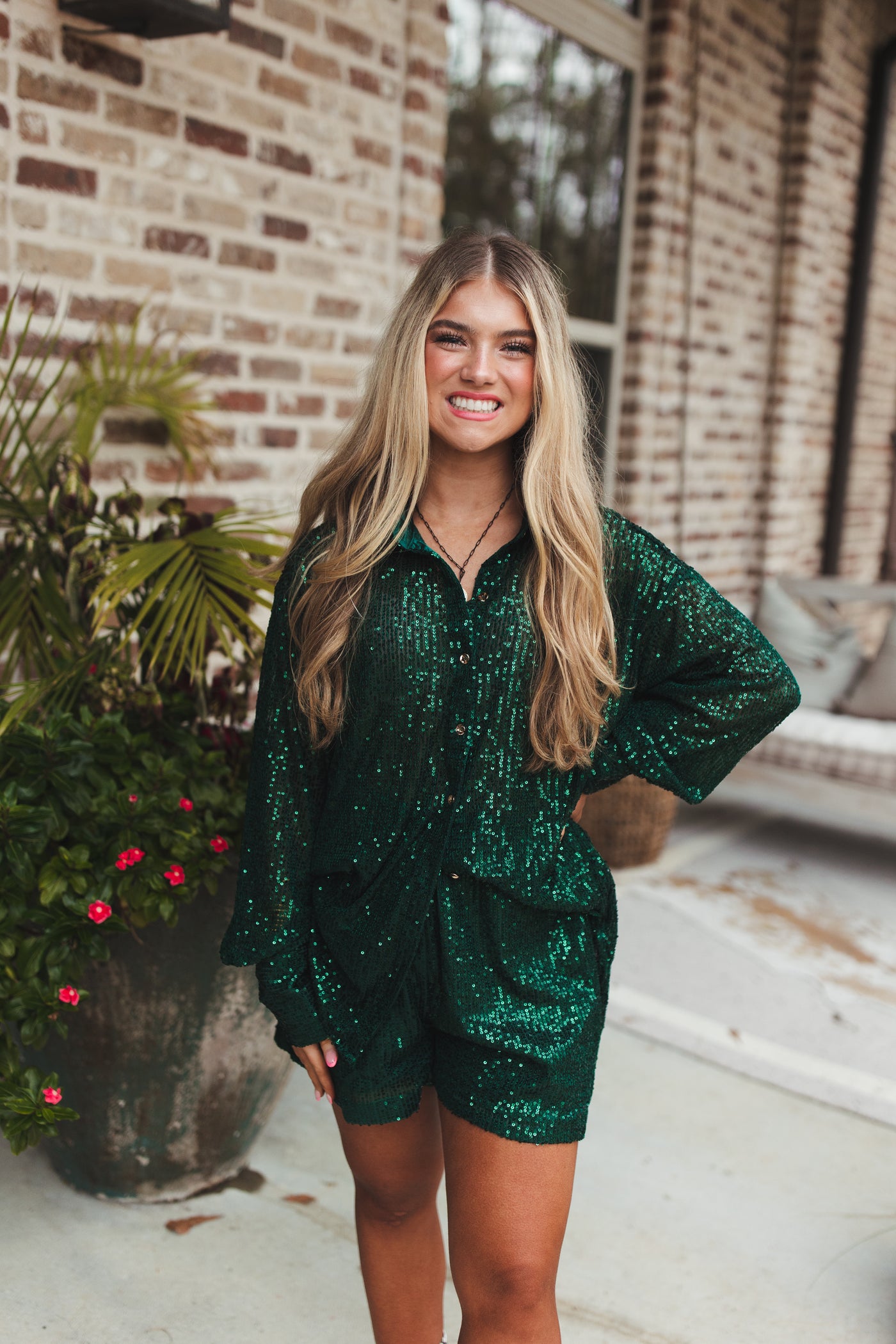 Hunter Green Sequin Button Down and Short Set