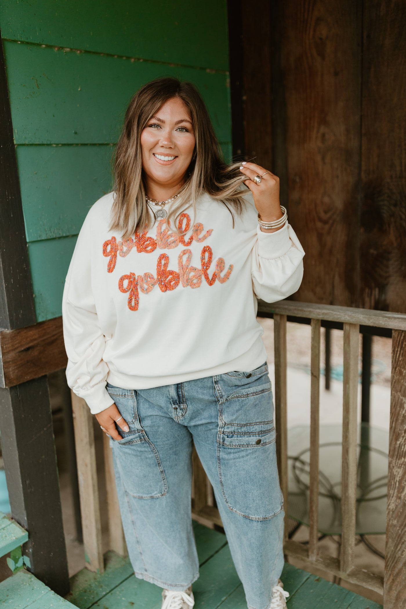 Cream Gobble Gobble Embroidered Sweatshirt