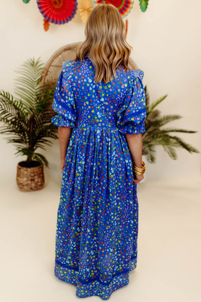 Karlie Blue Summer Floral Fruit Puff Sleeve Tier Maxi Dress