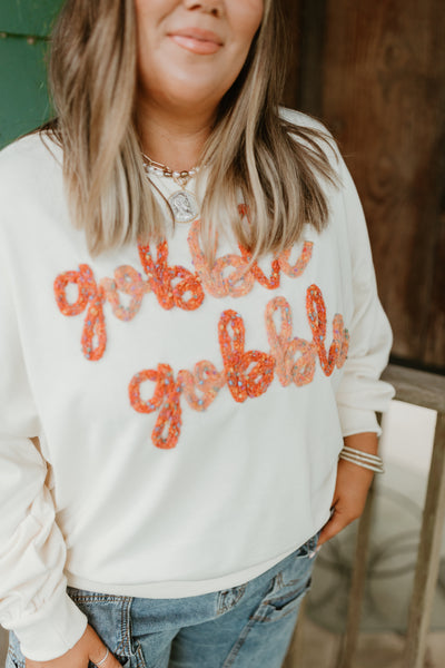 Cream Gobble Gobble Embroidered Sweatshirt