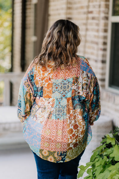 Patchwork Print Bubble Sleeve Top