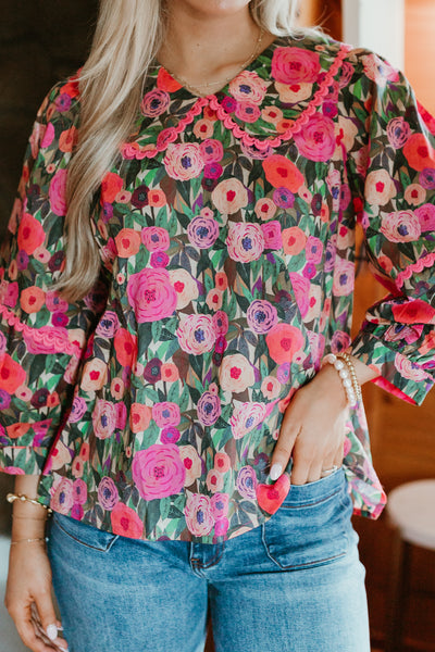 Pink Floral Oversized Collar Top