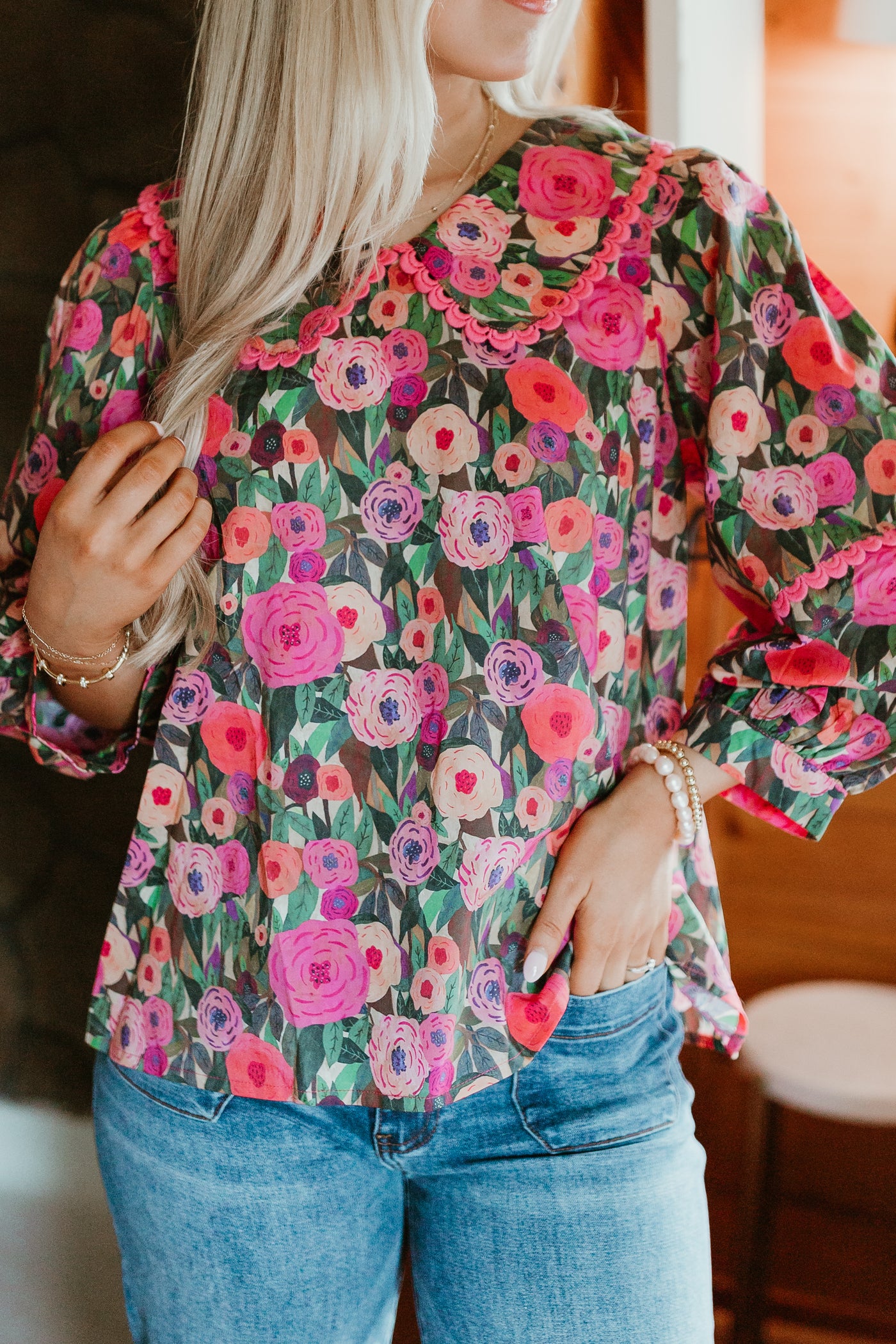 Pink Floral Oversized Collar Top