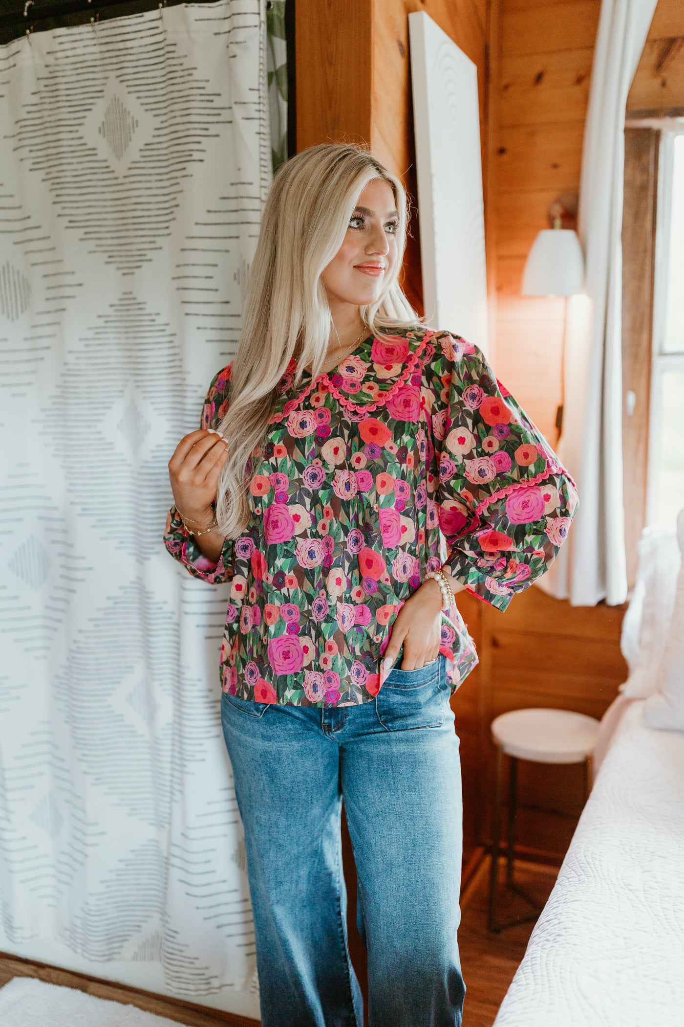 Pink Floral Oversized Collar Top