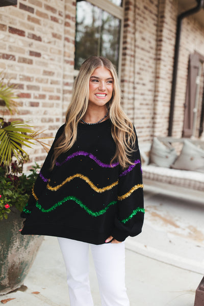 Black Mardi Gras Tinsel Colorblock Sweatshirt