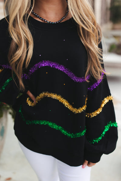 Black Mardi Gras Tinsel Colorblock Sweatshirt