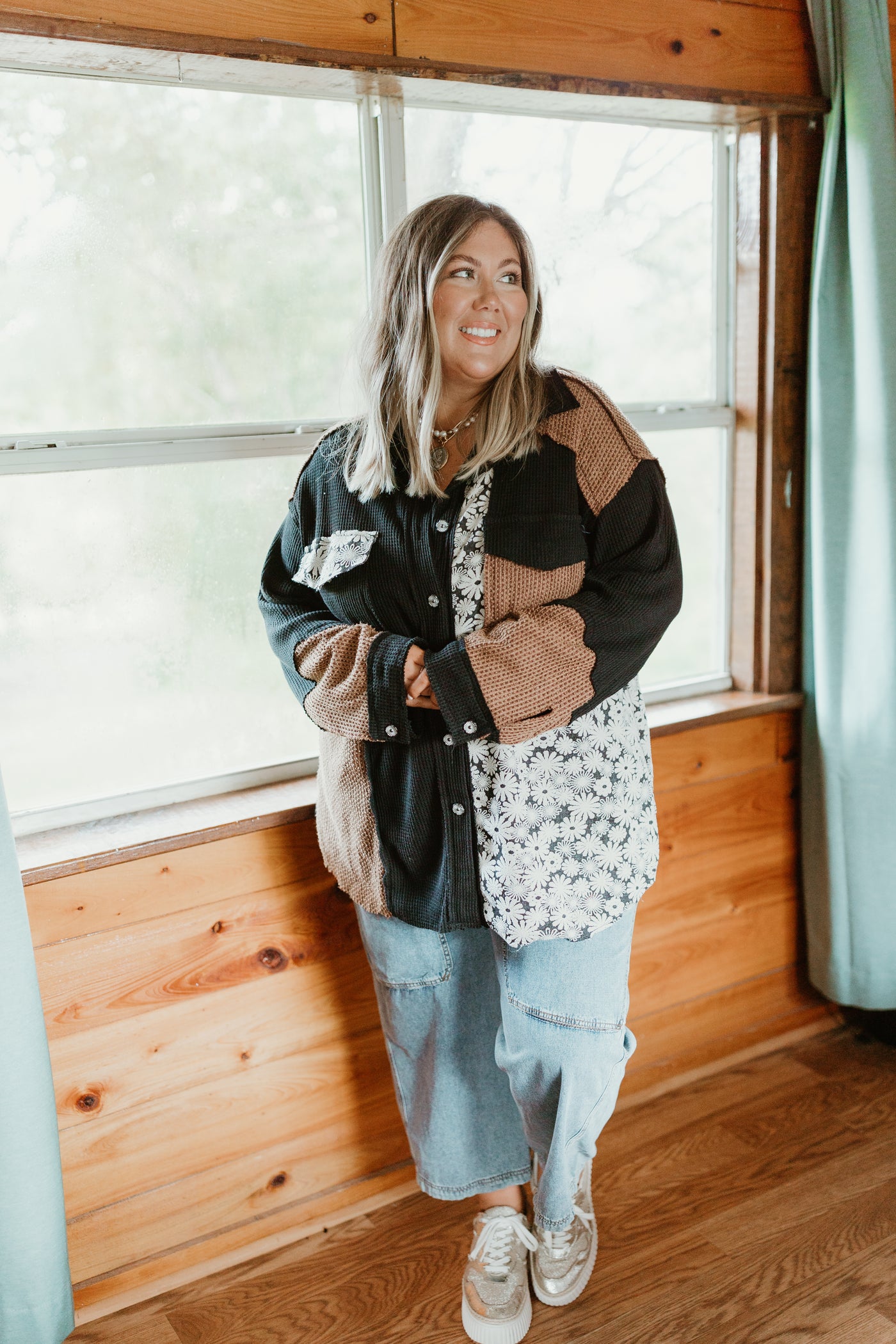 Black Colorblock Floral Button Down Shacket