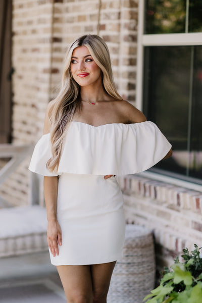 White Off Shoulder Ruffle Tube Dress