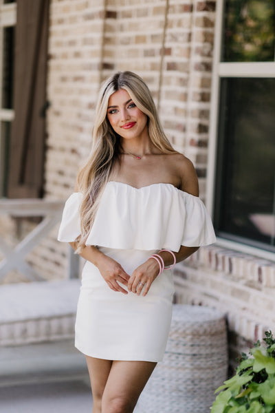 White Off Shoulder Ruffle Tube Dress