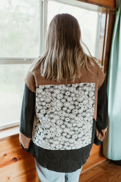 Black Colorblock Floral Button Down Shacket