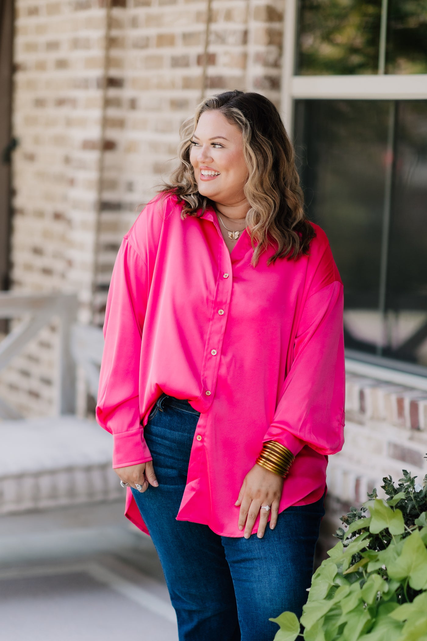 Hot Pink Satin Button Down Blouse