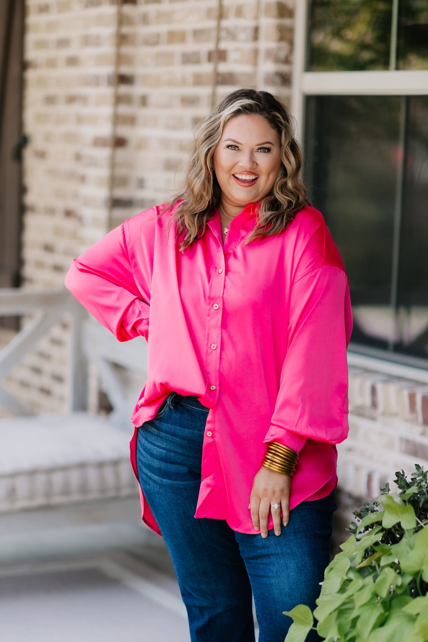 Hot Pink Satin Button Down Blouse