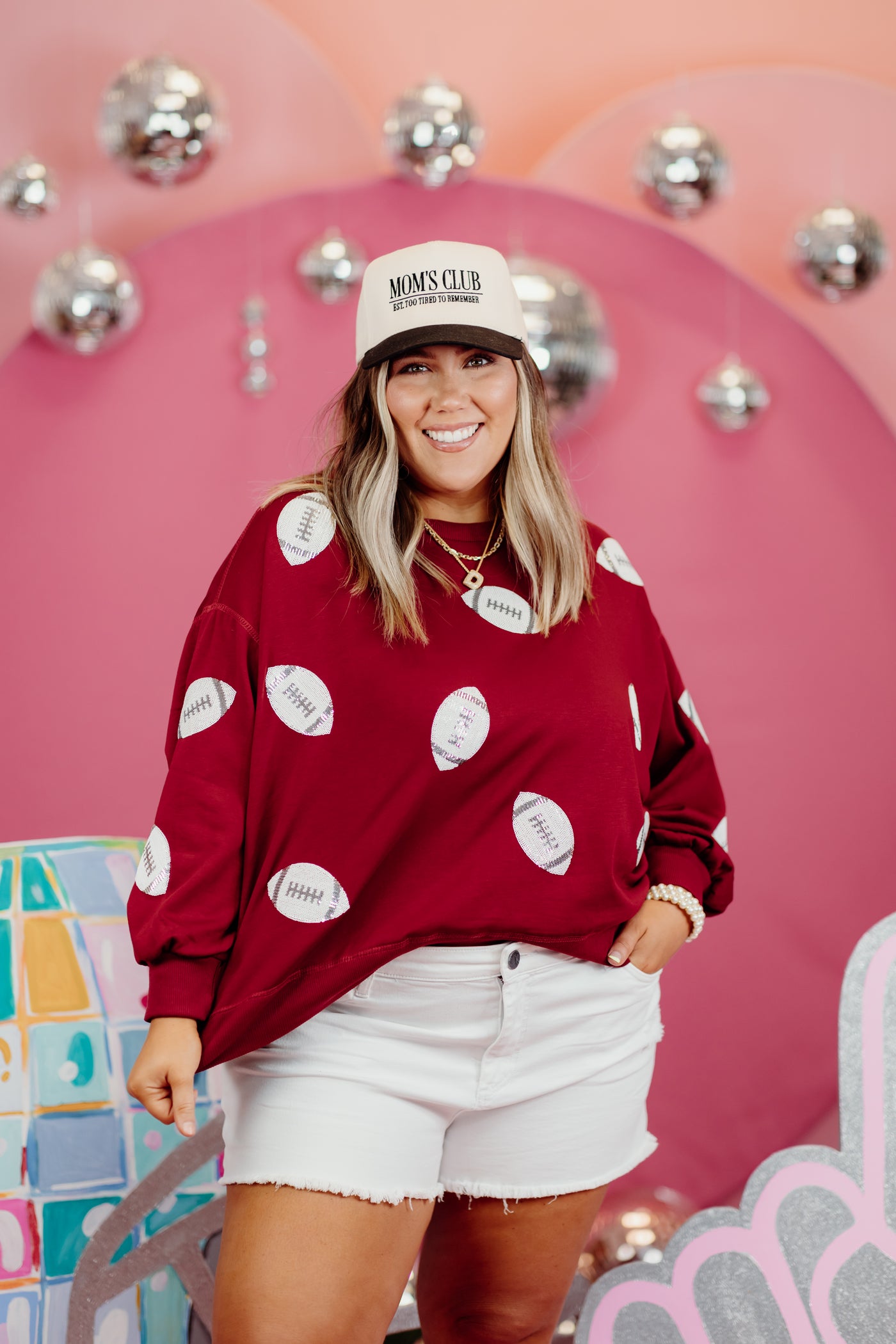 Mary Square Millie Football Sequin Sweatshirt in Maroon/White