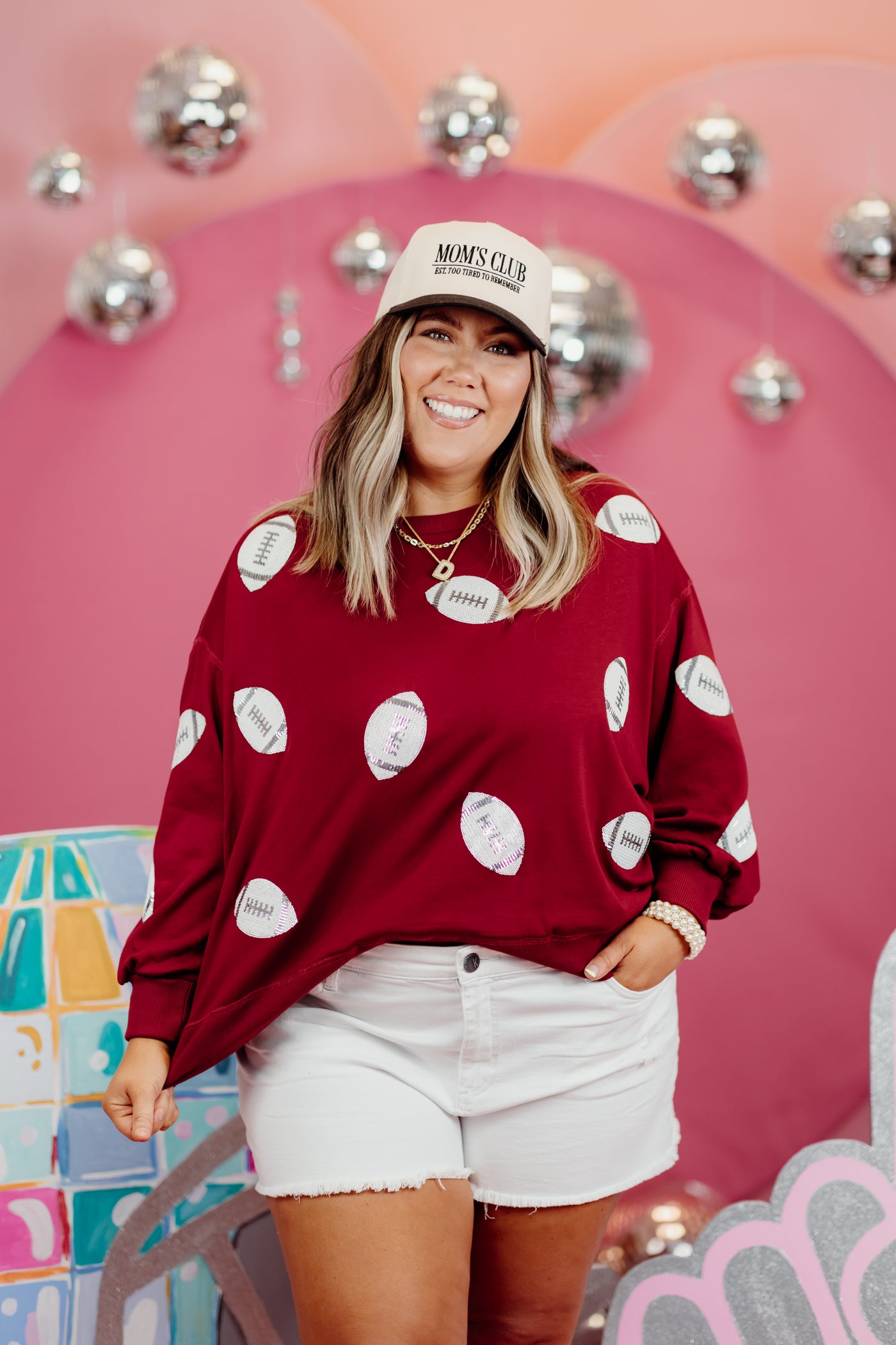 Mary Square Millie Football Sequin Sweatshirt in Maroon/White