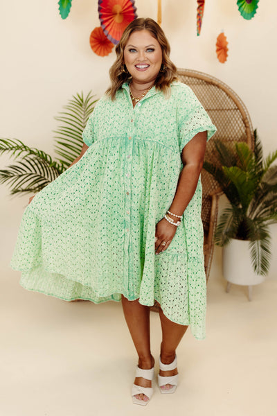 Sage Eyelet Button Down Midi Dress