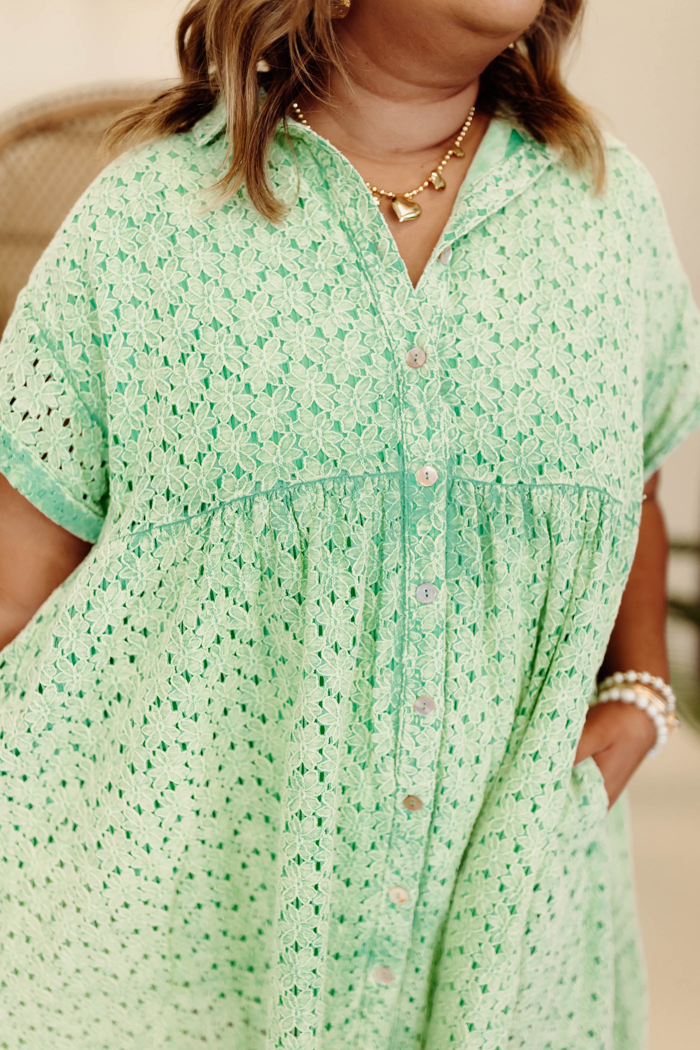 Sage Eyelet Button Down Midi Dress